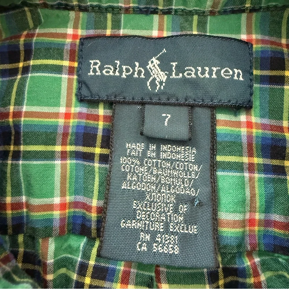 Ralph Lauren Boys Green Plaid Button Down‎ Shirt Size 7 Long Sleeve